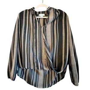 Veronica M Striped Blouse XS Long Sleeve Semi Sheer‎ Black Beige Draped Top